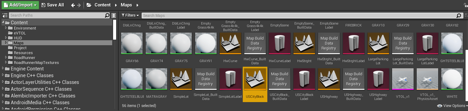 Unreal Editor Content Browser navigated to Maps folder showing the USCityBlock scene