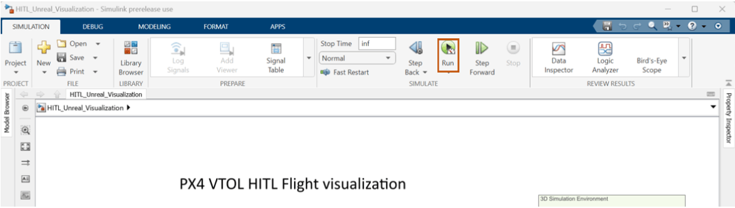 Simulink Toolstrip with Run button highlighted for the HITL_Unreal_Visualization model