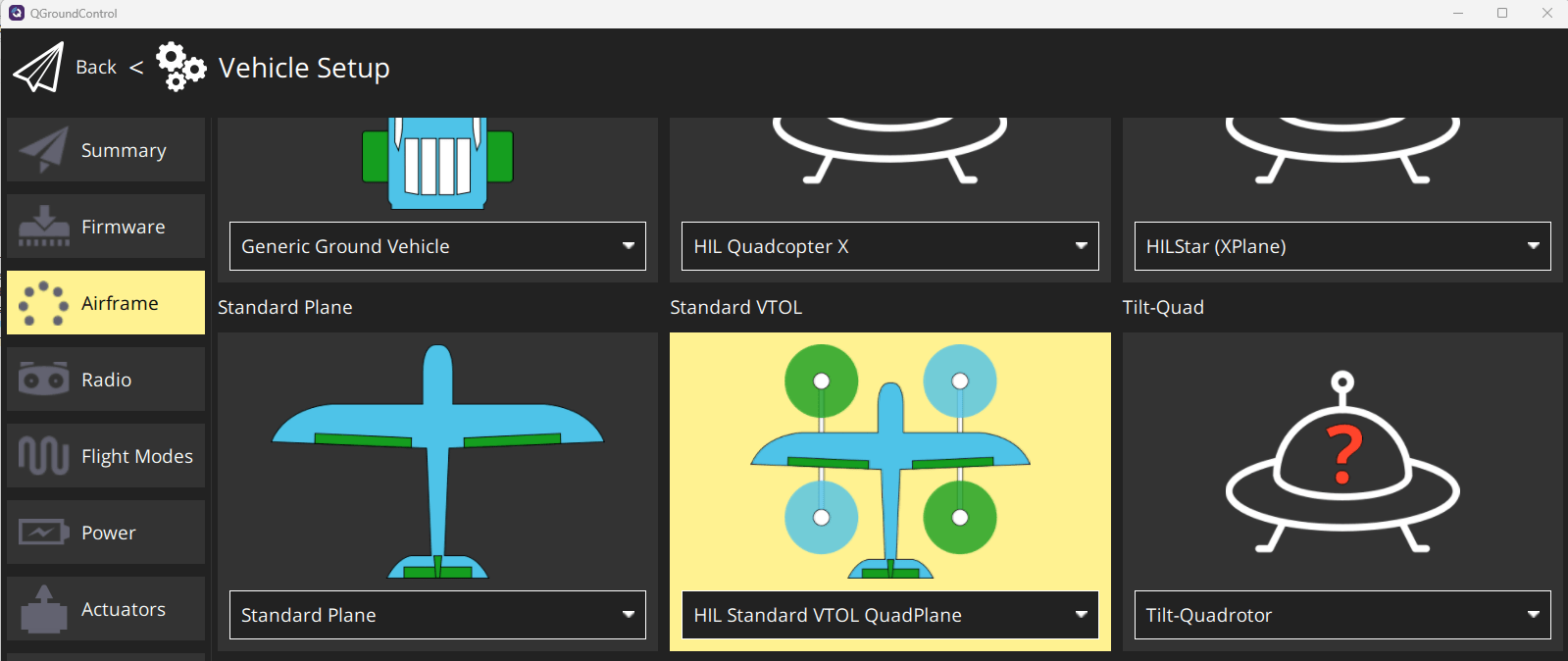 QGroundControl airframe selection, with HIL Standard VTOL QuadPlane highlighted.