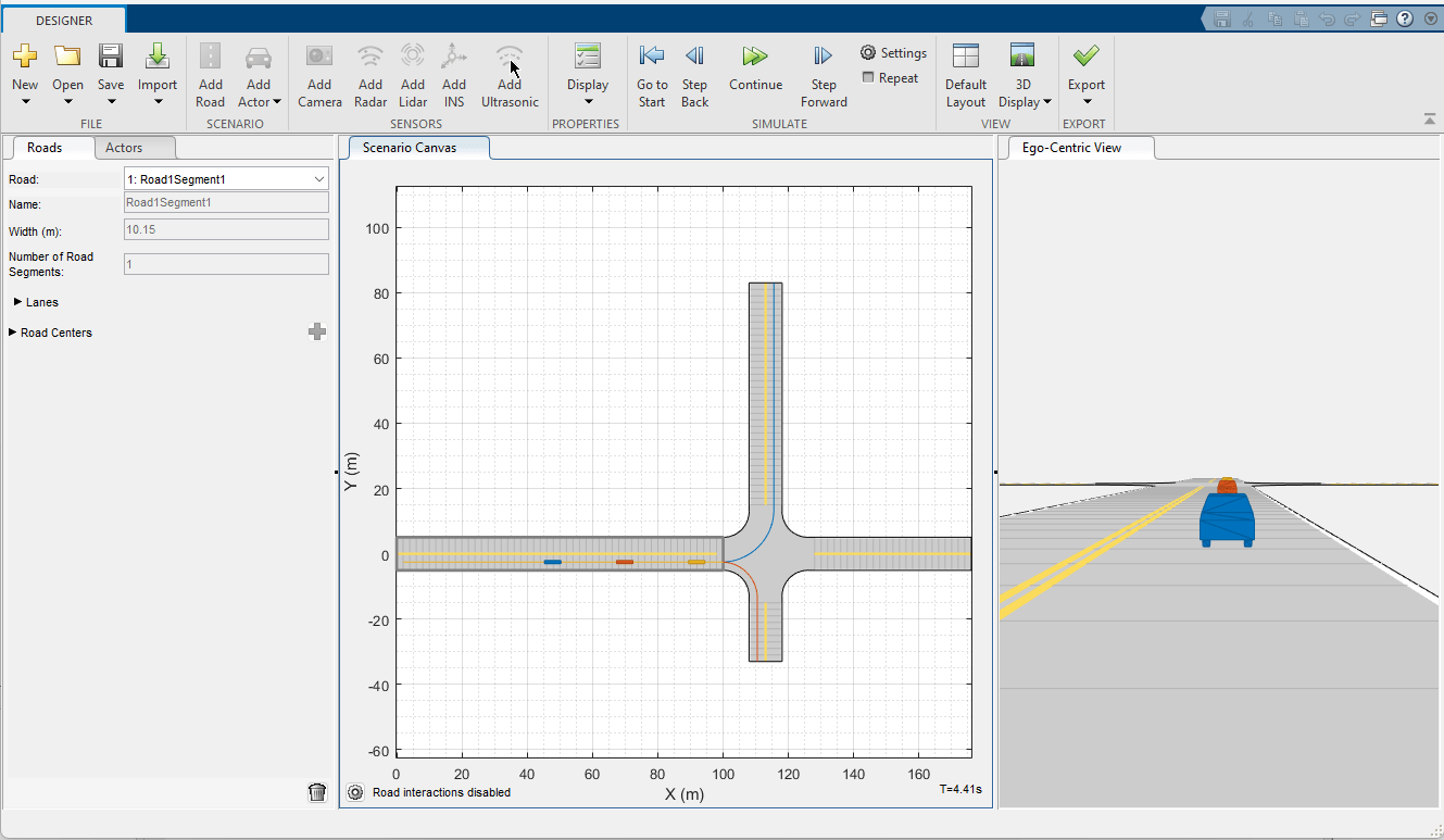 This figure shows thre generated driving scenario containing three actors in the Driving Scenario Designer app.