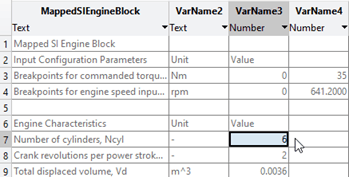 Table of engine parameters: torque/speed breakpoints, 6 cylinders, 2 strokes, volume 0.0036 m³.