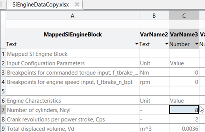 Spreadsheet of engine parameters: torque/speed breakpoints, 8 cylinders, 2 strokes, volume 0.0036 m³.