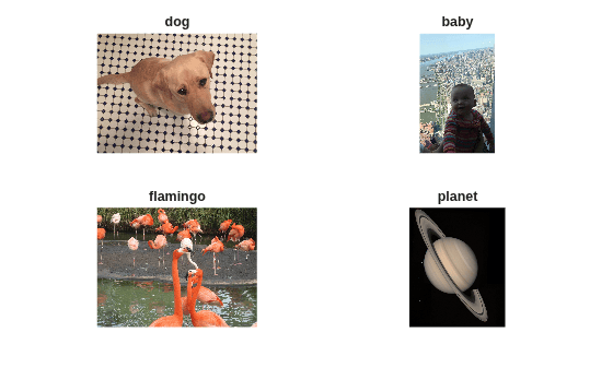 Figure contains 4 axes objects. Hidden axes object 1 with title dog contains an object of type image. Hidden axes object 2 with title baby contains an object of type image. Hidden axes object 3 with title flamingo contains an object of type image. Hidden axes object 4 with title planet contains an object of type image.