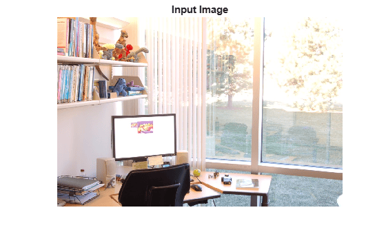 Indoor office scene with a desk, monitor, chair, bookshelves, and glass doors overlooking a garden