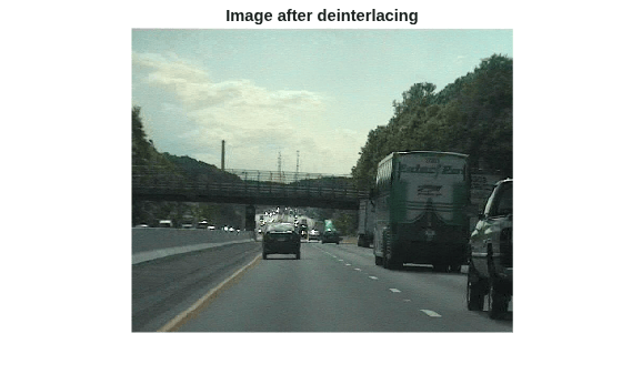Figure contains an axes object. The hidden axes object with title Image after deinterlacing contains an object of type image.