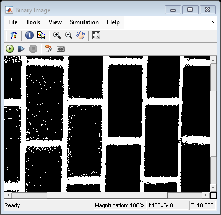 Figure Binary Image contains an axes object and other objects of type uiflowcontainer, uimenu, uitoolbar. The hidden axes object contains an object of type image.