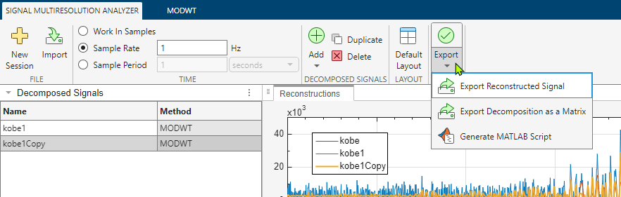 Signal Multiresolution Analyzer app, showing export dropdown list in toolstrip.