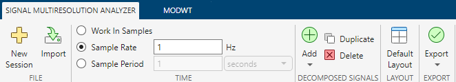 Signal Multiresolution Analyzer app, showing the toolstrip with the sample rate set to 1 hertz.