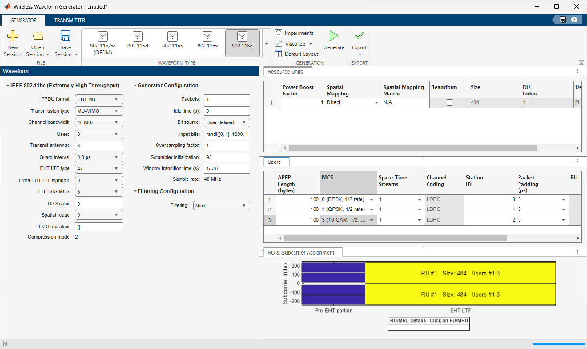 WLAN Waveform Generator app with configured transmission parameters.png