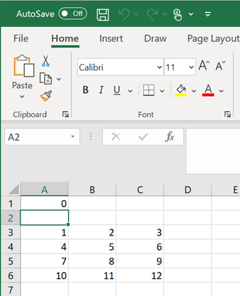 Worksheet cells A3 through C6 contain numbers 1 through 12 and cell A1 contains 0.