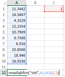 Worksheet cells A1 through A10 contain the input data, cell C1 contains the weight, and cell A12 contains the entered text.