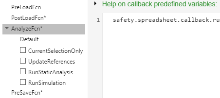 Custom callbacks Editor in the spreadsheet. The AnalyzeFcn list is selected and expanded, and the custom callbacks are cleared. A selection of code is shown in the code editor on the right, but the image truncates the code.