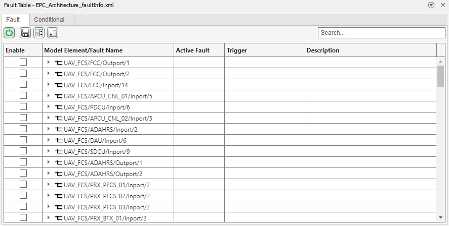 The Fault Table pane for the architecture model. It displays 15 of the model elements that contain faults. The model elements are collapsed.