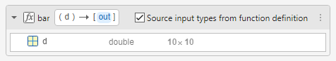 Entry-point pand showing function bar with the type of input argument d sourced from MATLAB code.