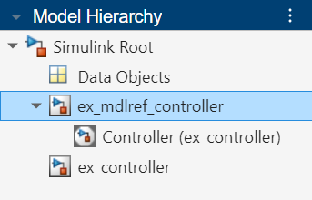 Model Hierarchy pane in the Fixed-Point Tool displaying the model hierarchy for ex_mdlref_controller.