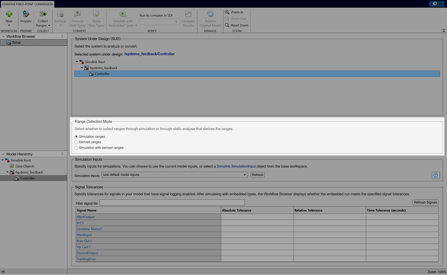 View of Setup pane in the Fixed-Point Tool. The Range Collection Mode section is highlighted.