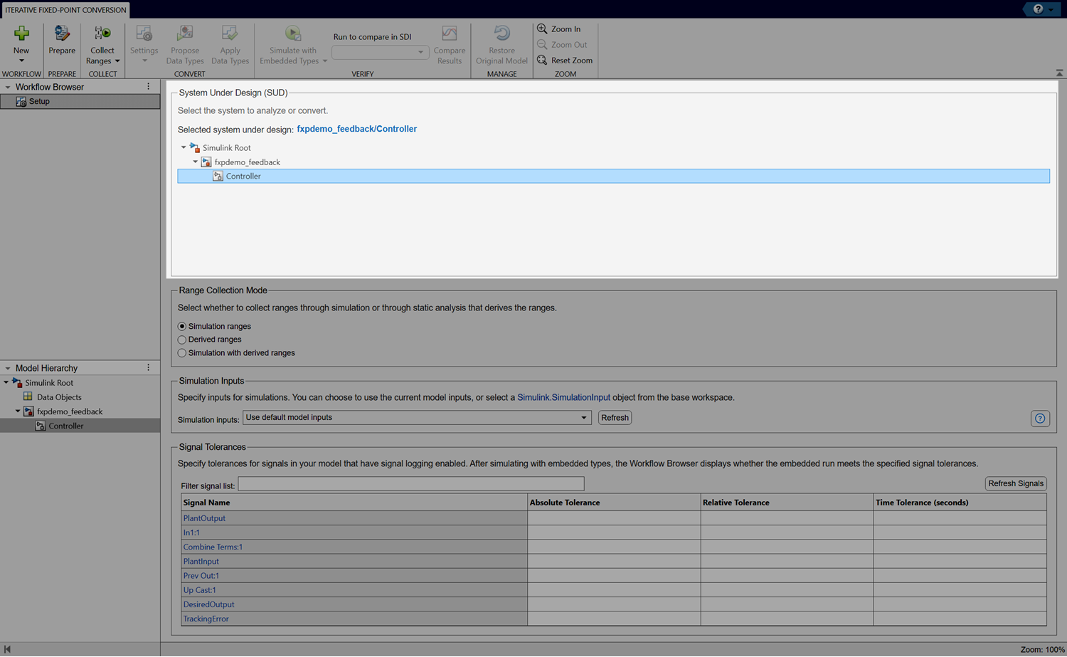 View of Setup pane in the Fixed-Point Tool. The System Under Design (SUD) section is highlighted.