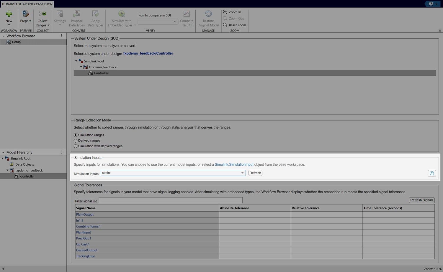 View of Setup pane in the Fixed-Point Tool. The Simulation Inputs section is highlighted.