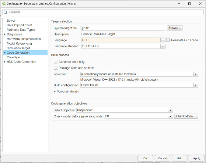Configuration Parameter dialog box with code generation language set to C++