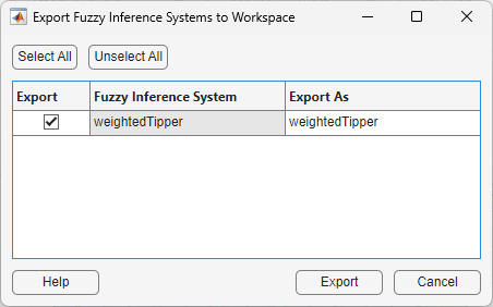 Export dialog box with the corresponding entry in the Export column selected for weightedTipper.