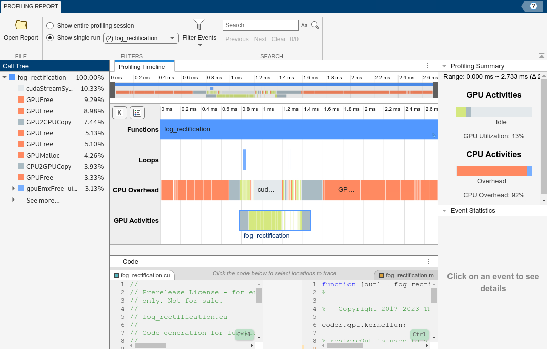 Screen shot of GPU Performance Analyzer showing the profiling data for generated MEX with memory manager disabled.