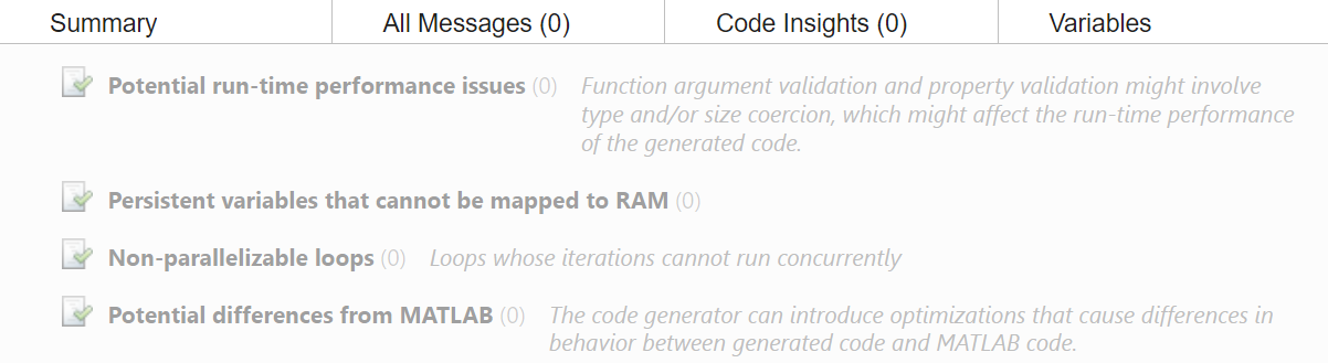 View of the Code Insights tab at the HDL Coder Report Viewer. There is a lack of potential issues or recommendations for improvement for the MATLAB algorithm.