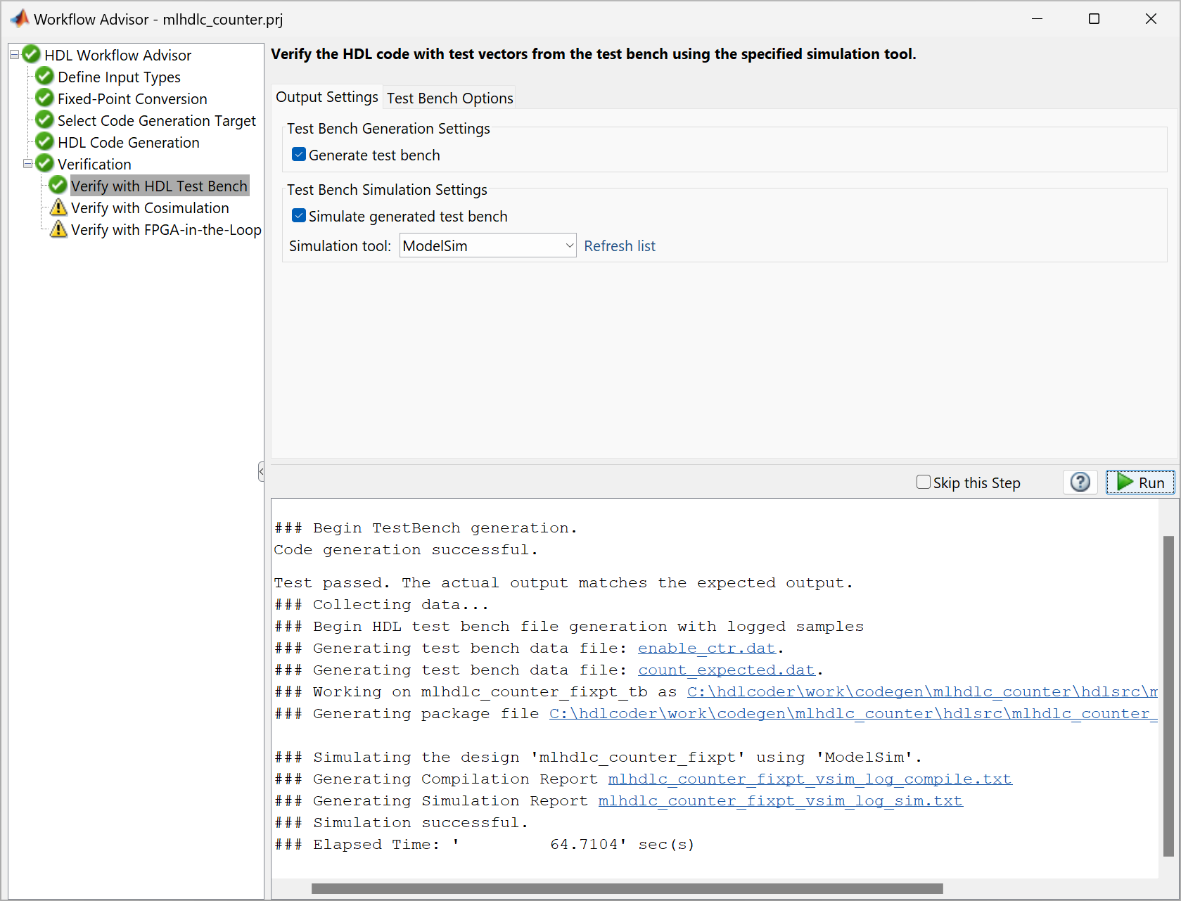 View of the HDL Coder Workflow Advisor after completing the Verify with HDL Test Bench step. The message window at the bottom of the Workflow Advisor displays a simulation successful message. Previous steps in the Workflow Advisor are complete.