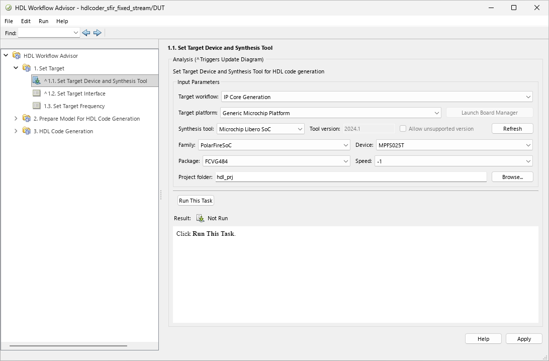 Set Target Device and Synthesis Tool task
