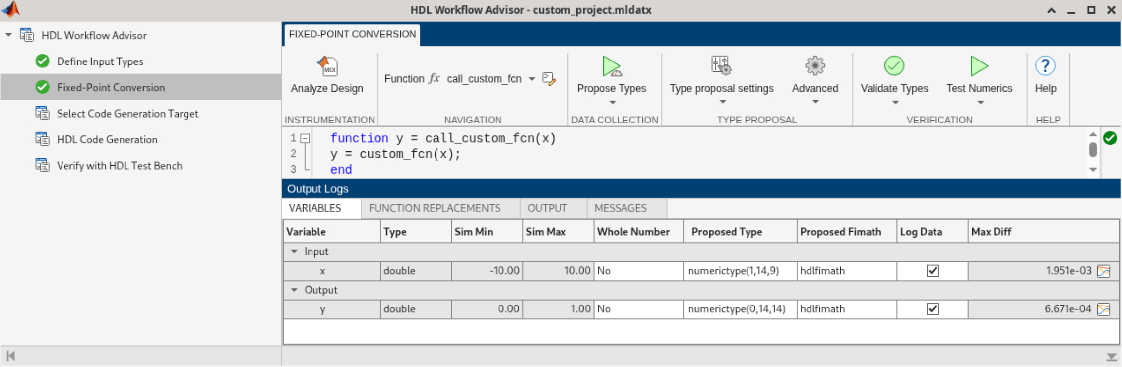 Variables tab showing proposed fixed-point types for input x and output y, with Max Diff values of 1.951e-03 and 6.671e-04