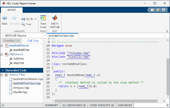 Code generation report. In the MATLAB Source pane, the System Object AddOne is selected. The code pane shows the class definition for AddOne.