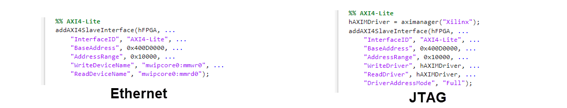 Comparison of setup functions for Ethernet and JTAG interfaces