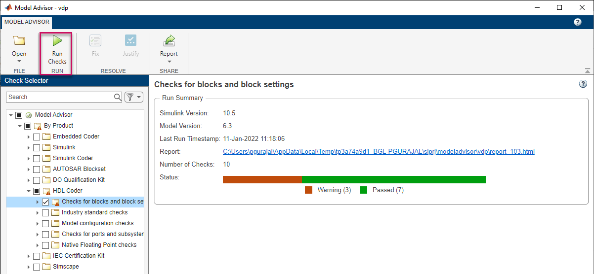 Select Run Checks for the HDL Coder folder in the Model Advisor tool strip.