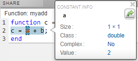 This image shows the report when it identifies a compile-time constant argument. The constant a is highlighted in orange.