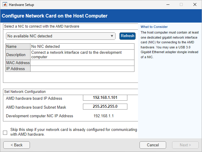 Configure network card on the host computer