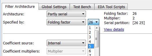 Filter Architecture tab of the Generate HDL tool, showing Folding factor menu options