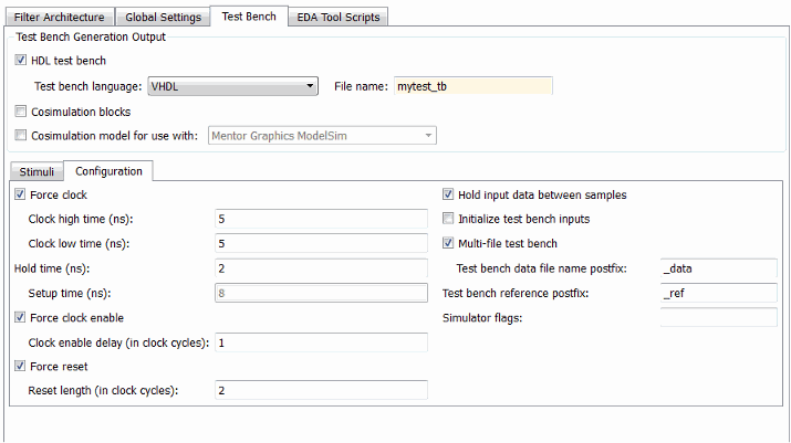 Test Bench tab of Generate HDL tool