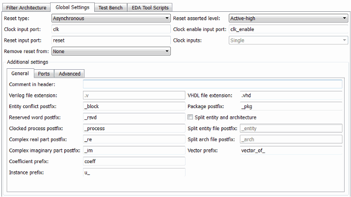 Global Settings tab of Generate HDL tool