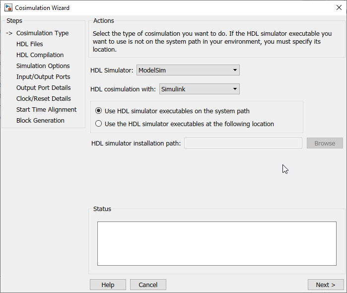 Cosimulation Wizard open on the Cosimulation Type pane, with ModelSim selected for HDL Simulator, and Simulink selected for the "HDL cosimulation with" parameter.