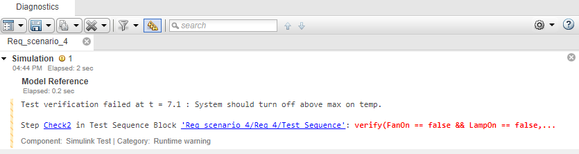 Diagnostic Viewer dialog box showing results of simulation: "Test verification failed at t = 7.1 : System should turn off above max on temp."