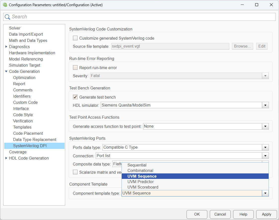 Configuration Parameters open on the SystemVerilog DPI pane, and the "Component template type" menu is expanded to show UVM Sequence, UVM Predictor, and UVM Scoreboard.