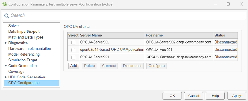 OPC UA Client table