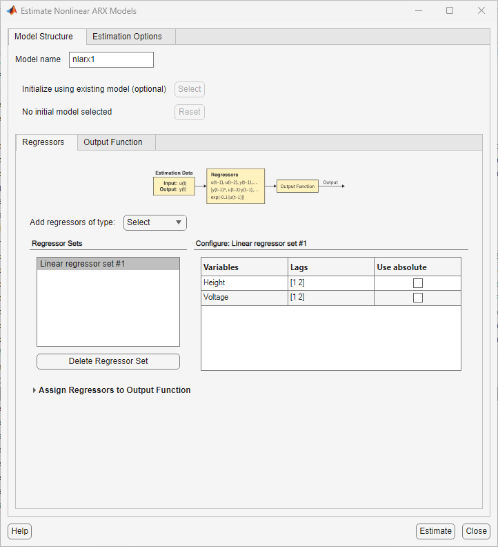 Model Structure tab of the Estimate Nonlinear ARX Models dialog box. From top to bottom, this tab contains Model name, Initial model, and the Regressors tab. At the top of the Regressors tab is a block diagram that contains an Estimation Data block with input and output variables, a Regressors block with regressor variables, and a generic Output Function block. Beneath this block diagram is option to select the type of regressors to add. Beneath this selection is the Regressor sets area, which lists each regressor set and displays the parameters for the selected regressor. At the bottom is the Regressor assignment table.