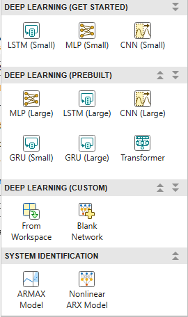 Model gallery with grouped options for deep learning and system identification, including small and large prebuilt LSTM, MLP, CNN, and GRU networks, custom deep learning models, and ARMAX model.