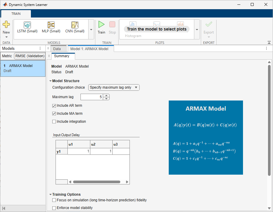 ARMAX Model configuration options in the app
