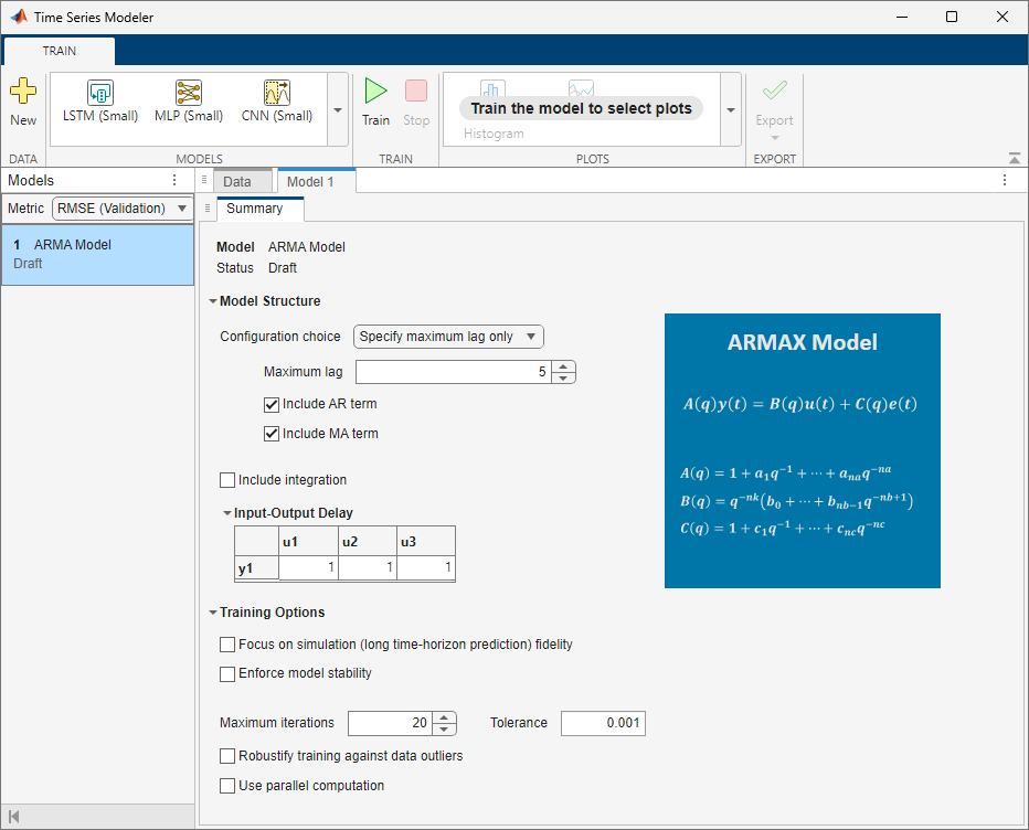 ARMA Model configuration options in the app