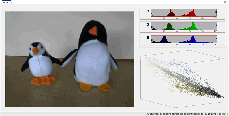 RGB tab showing the snapshot captured by the camera to the left of three histograms that display the intensity of each color channel for the selected color space, RGB.