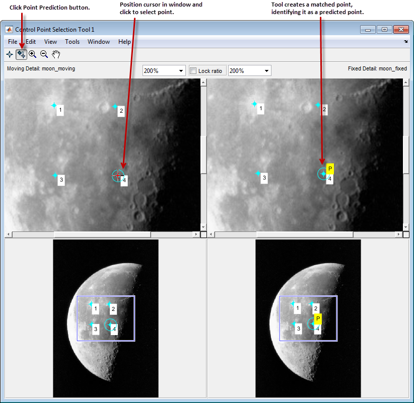 The Control Point Prediction button is enabled, and selecting a control point in the moving image causes the tool to automatically create a corresponding control point in the fixed image. The predicted control point is labeled with a black P in a yellow box.