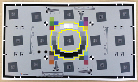 Extended eSFR test chart with 20 gray patches of varying brightness arranged in a ring near the center of the image. Yellow polygons are overlaid on the image along the outer border and inner border of the ring.