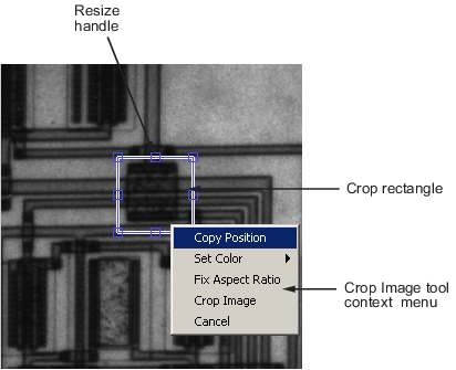 Crop Image tool displaying a blue rectangle over the region to be cropped and a context menu with options such as "set color" and "fix aspect ratio".