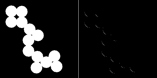 Output of the hit-miss transform applied to a binary image of thirteen touching circles.